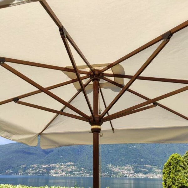garden umbrella with wooden frame and square or rectangular deck